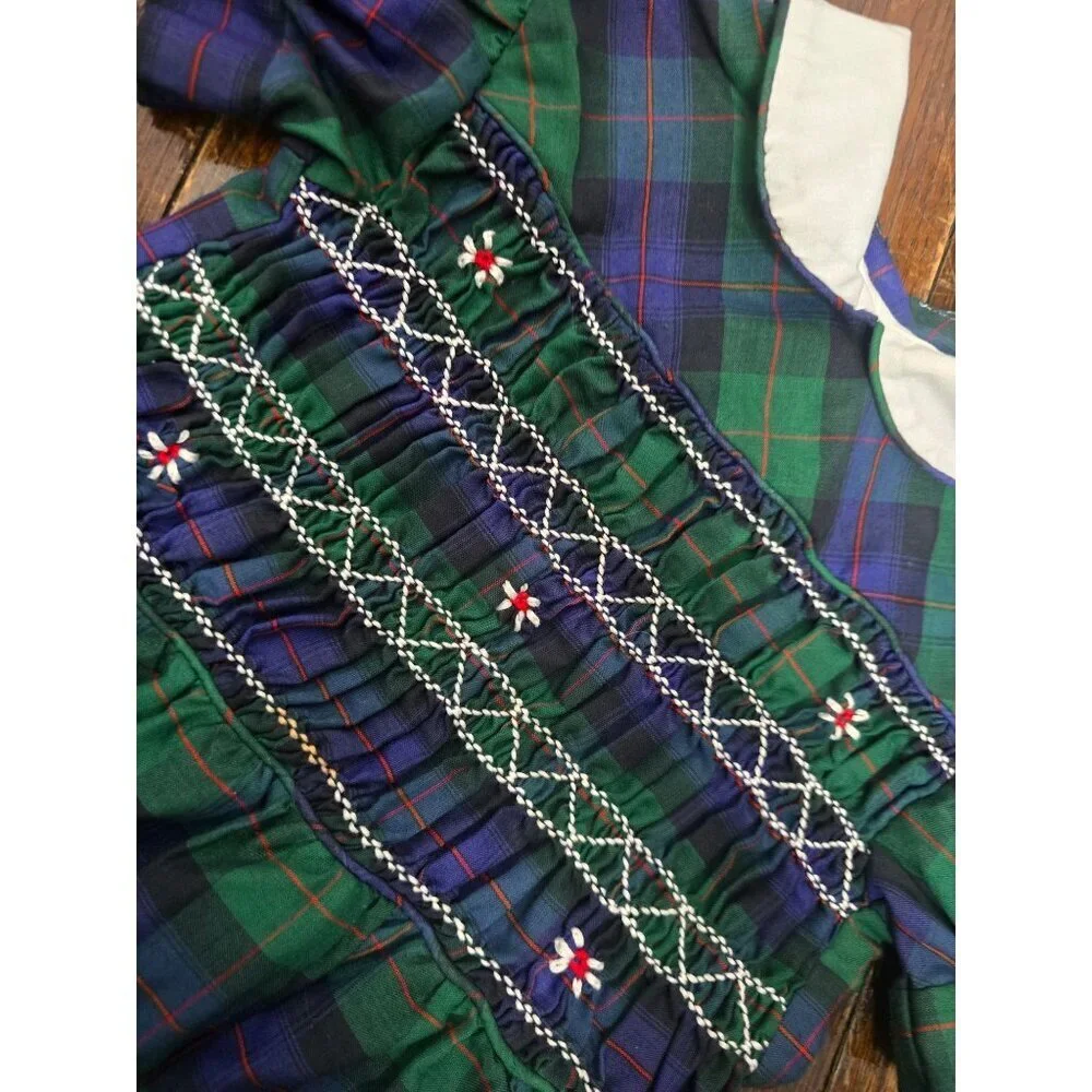 Vintage Girls Blue Green Plaid Dress